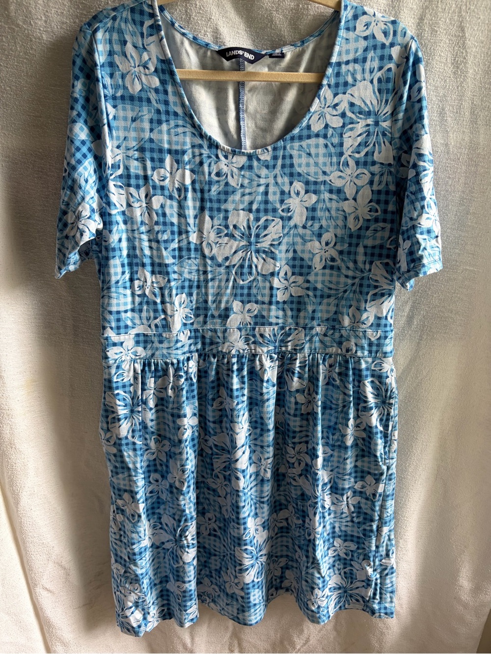 Lands' End Blue and White Floral Scoop-Neck Casual Dress